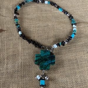 Chunky Black/green turquoise cross necklace